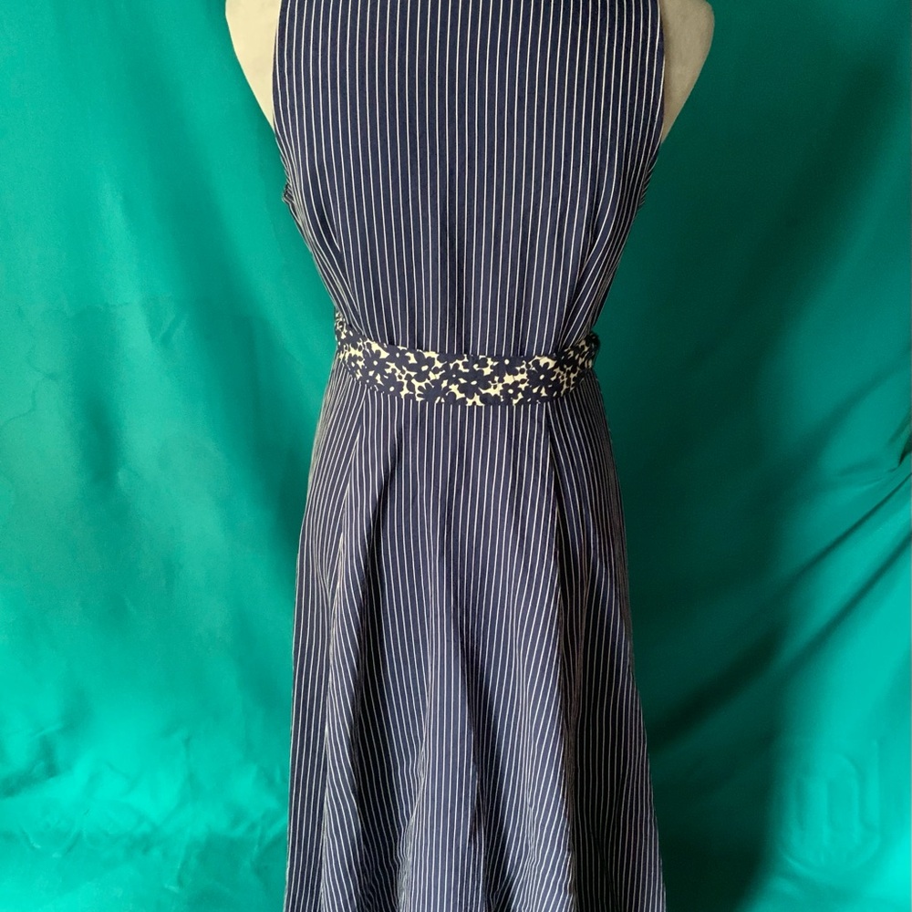 Abbey Glass Navy and White Striped Sleeveless Maxi Dress w/Floral Tie & Collar - Picture 2 of 4